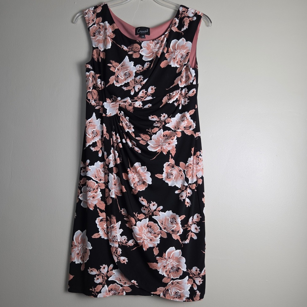 Connected Apparel Black Pink Floral Faux Wrap Ruched Sheath Dress M